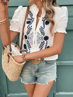Embroidered Frill Notched Short Sleeve Blouse - Ladyez