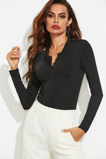 Half Button Round Neck Long Sleeve Bodysuit - Ladyez