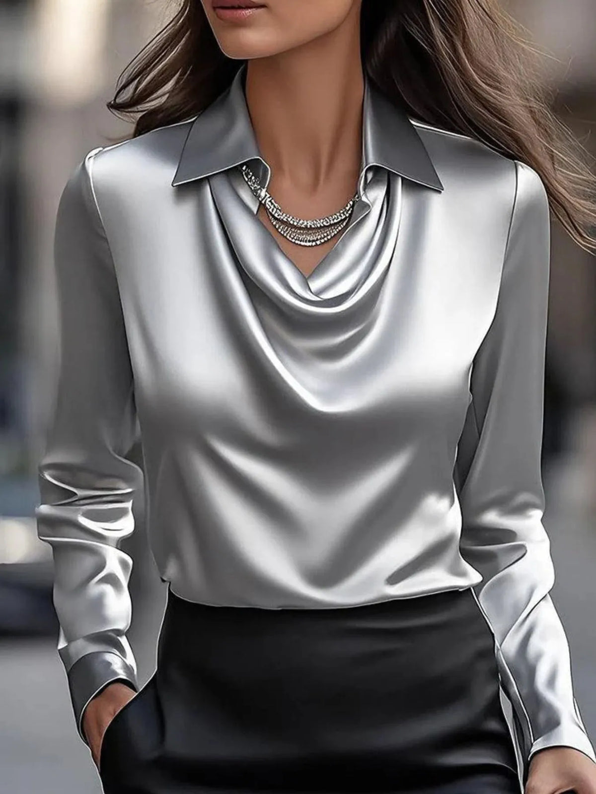 Full Size Long Sleeve Blouse with Collar Plus Size - Ladyez
