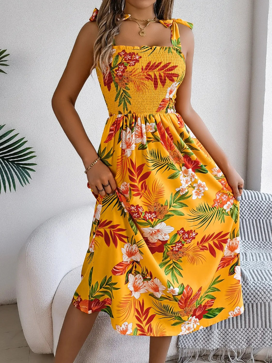Smocked Floral Tie Shoulder Midi Dress - Ladyez