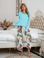 Round Neck Top and Printed Pants Lounge Set - Ladyez