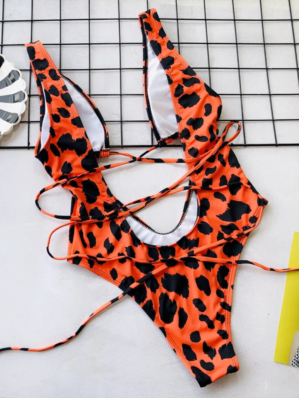 Lace-Up Backless Plunge One-Piece Swimwear - Ladyez