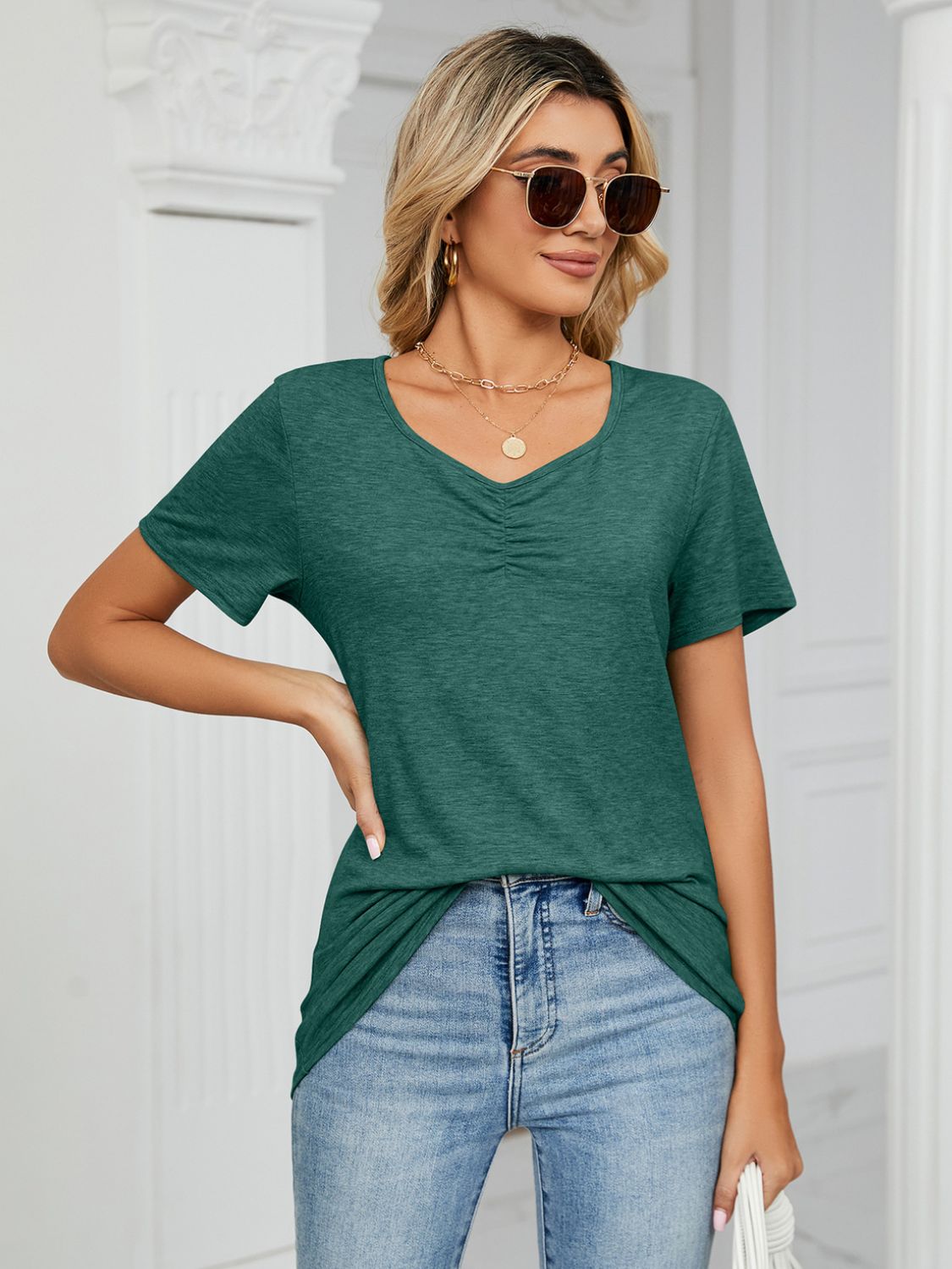 Ruched V-Neck Short Sleeve T-Shirt - Ladyez