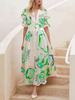Full Size Abstract Print Puff Sleeve Midi Dress Plus Size