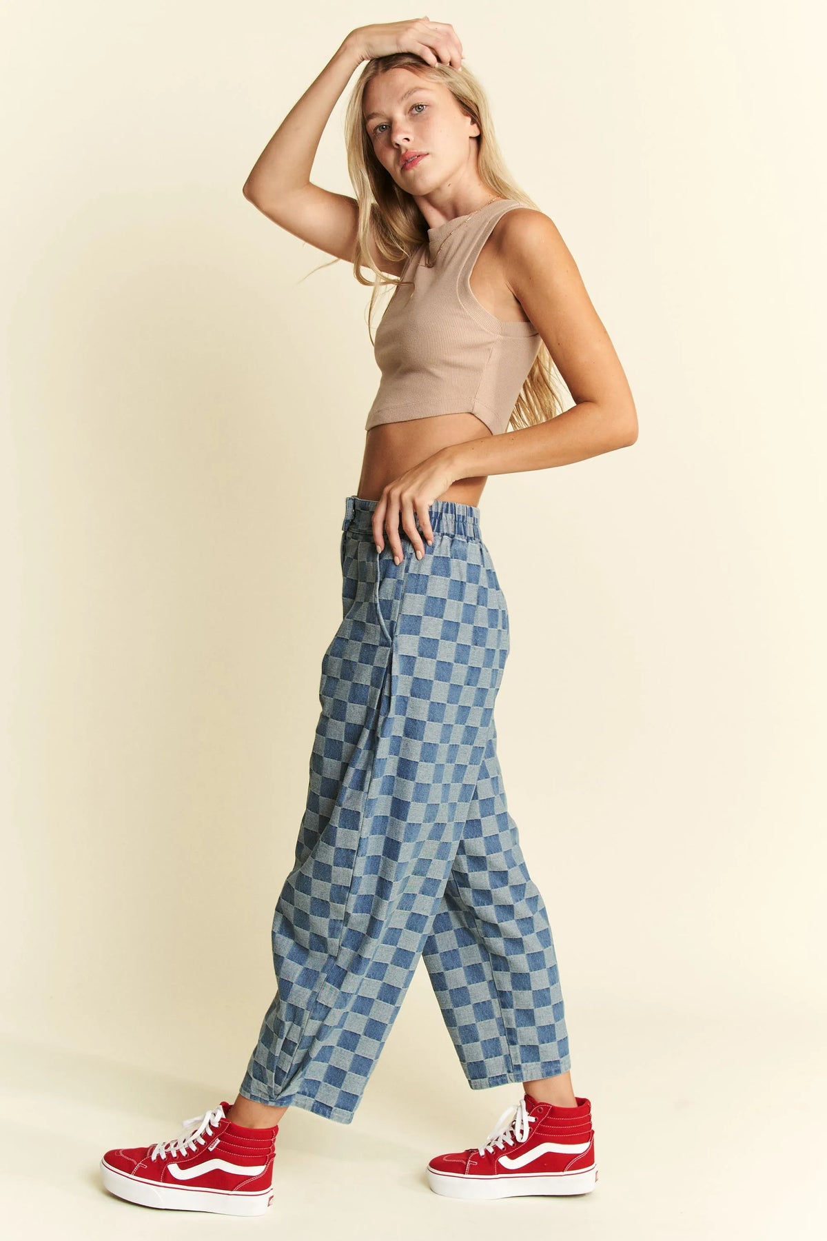 Jade By Jane Plus Size Pleated Checkered High Waist Barrel Pants - Ladyez