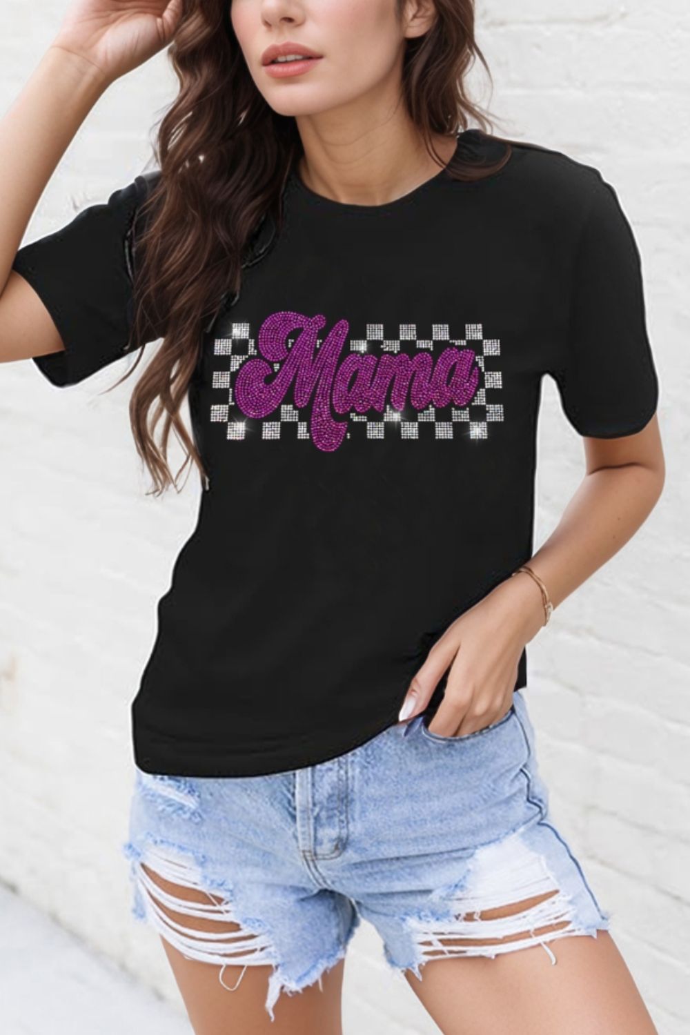 MAMA Rhinestone Letter Round Neck T-Shirt - Ladyez