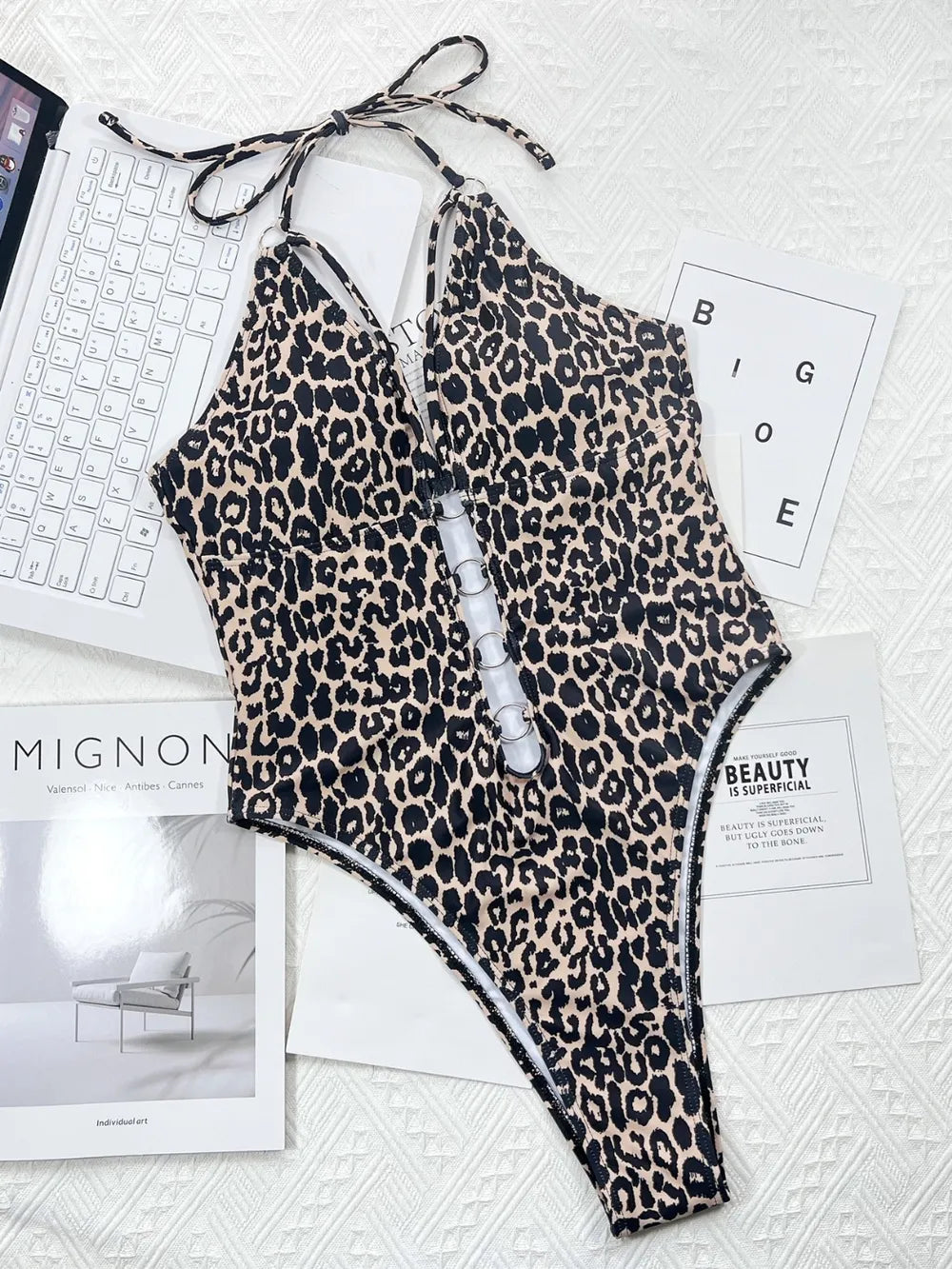 Leopard Cutout Halter Neck One-Piece Swimwear - Ladyez