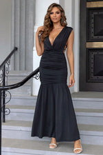 Ruched Plunge Sleeveless Maxi Dress - Ladyez