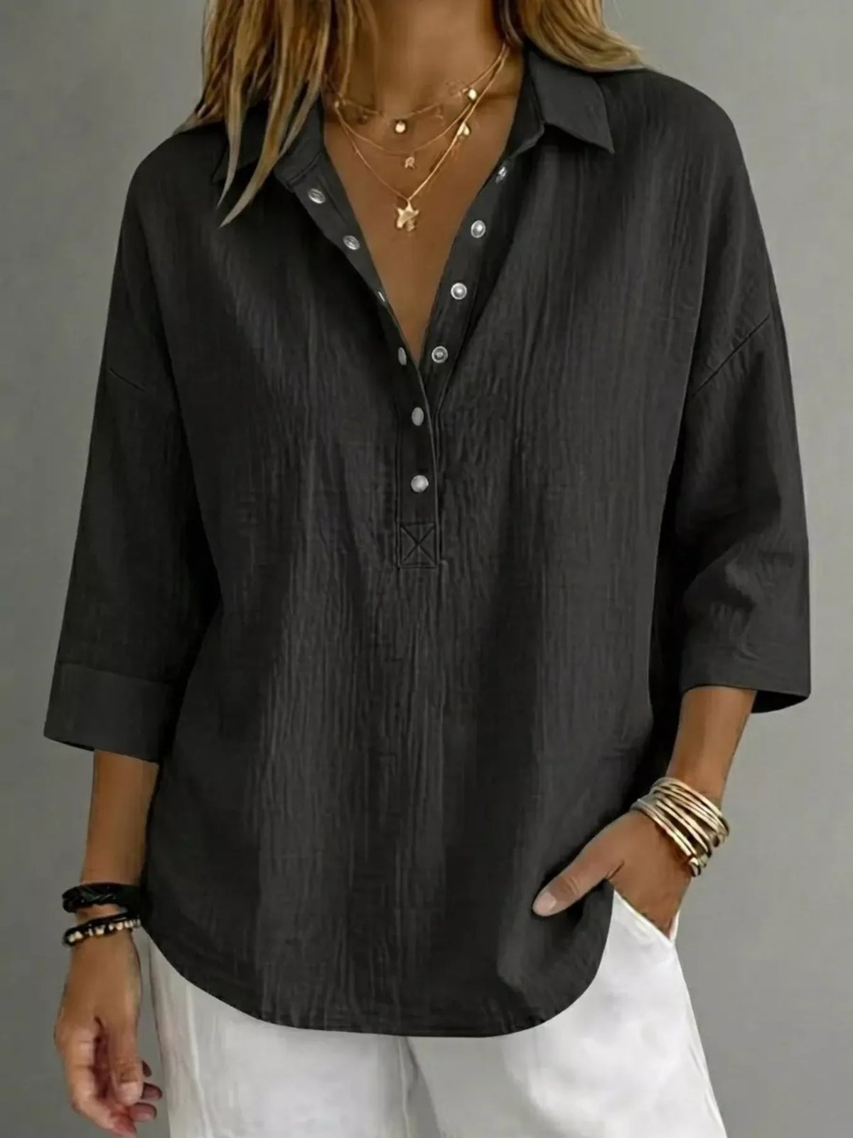 Full Size Snap Down 3/4 Sleeves Blouse Plus Size