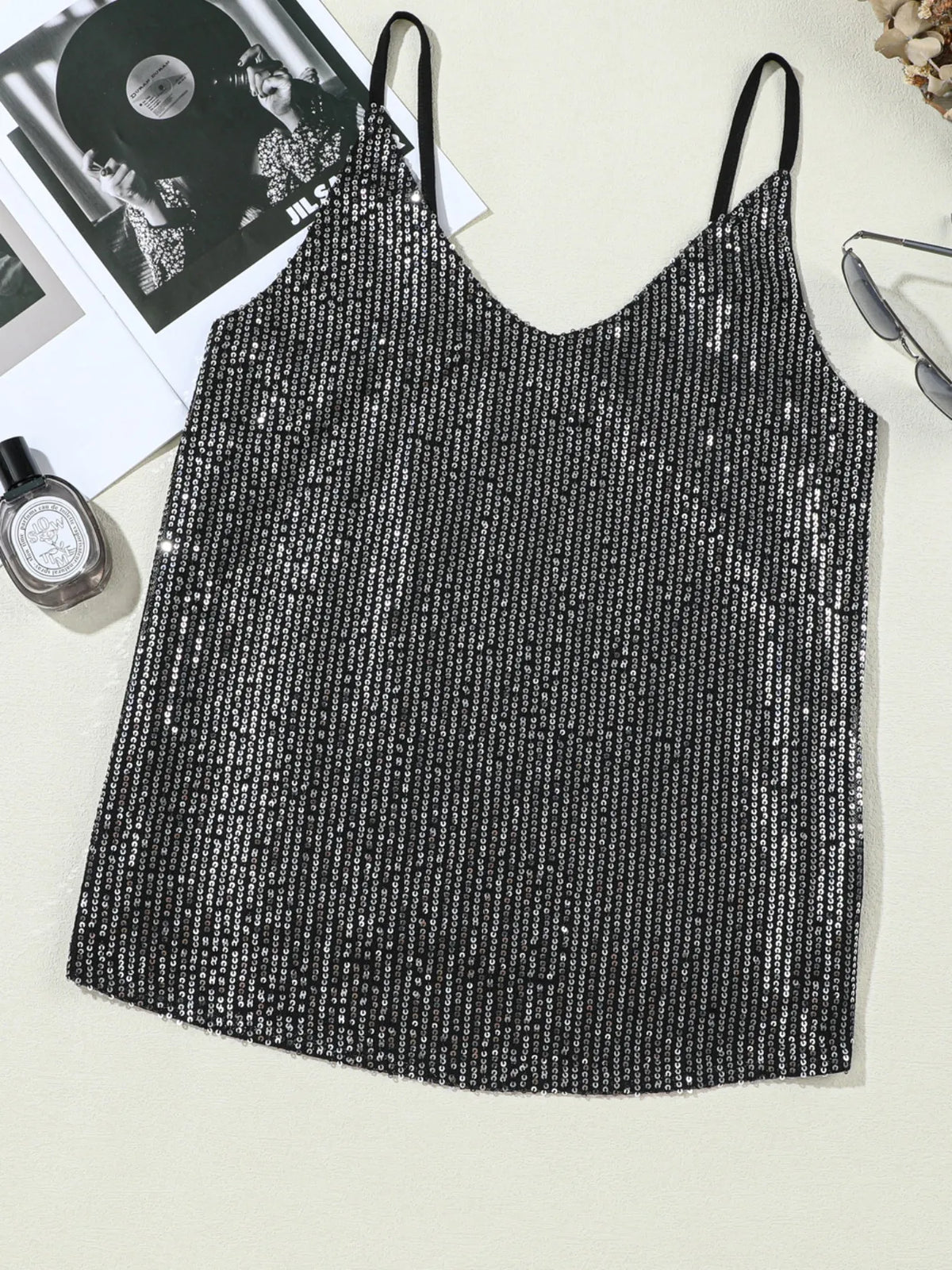 Sequined V-Neck Cami Top - Ladyez
