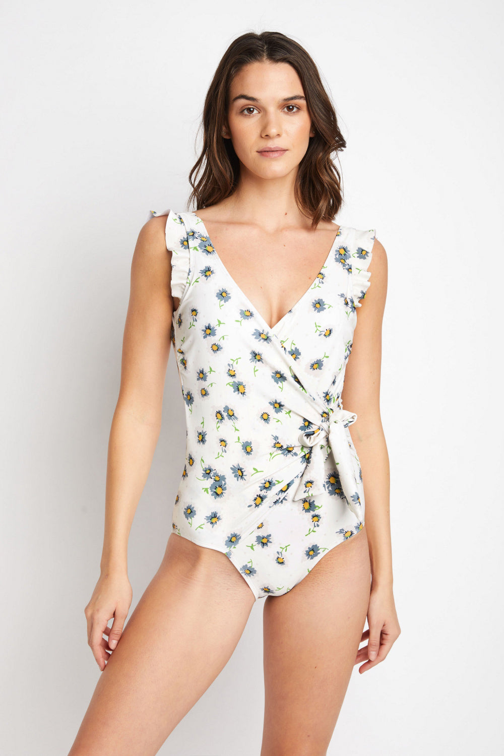 Marina West Swim Float On Ruffle Faux Wrap One-Piece in Daisy Cream - Ladyez