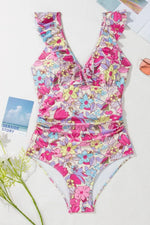 Floral Ruffle Trim Tummy Control One Piece Swimsuit - Ladyez