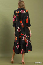 Umgee Floral Print Tiered Midi Dress with Puff Sleeves