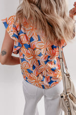 Flower Print Notched Neck Ruffle Sleeve Blouse