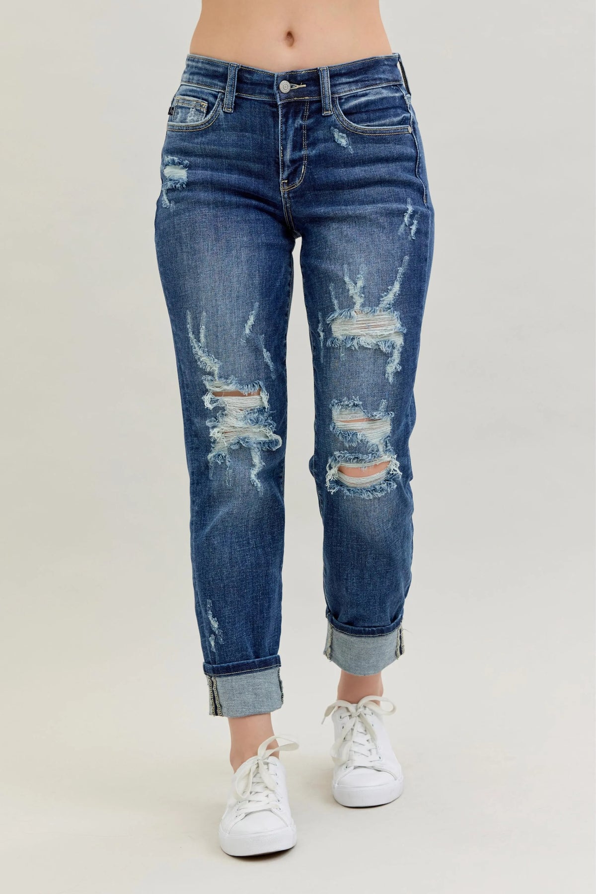 Judy Blue Full Size Mid Rise Cuffed Destroy Bf Jeans Plus Size - Ladyez