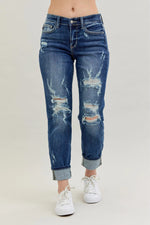 Judy Blue Full Size Mid Rise Cuffed Destroy Bf Jeans Plus Size - Ladyez