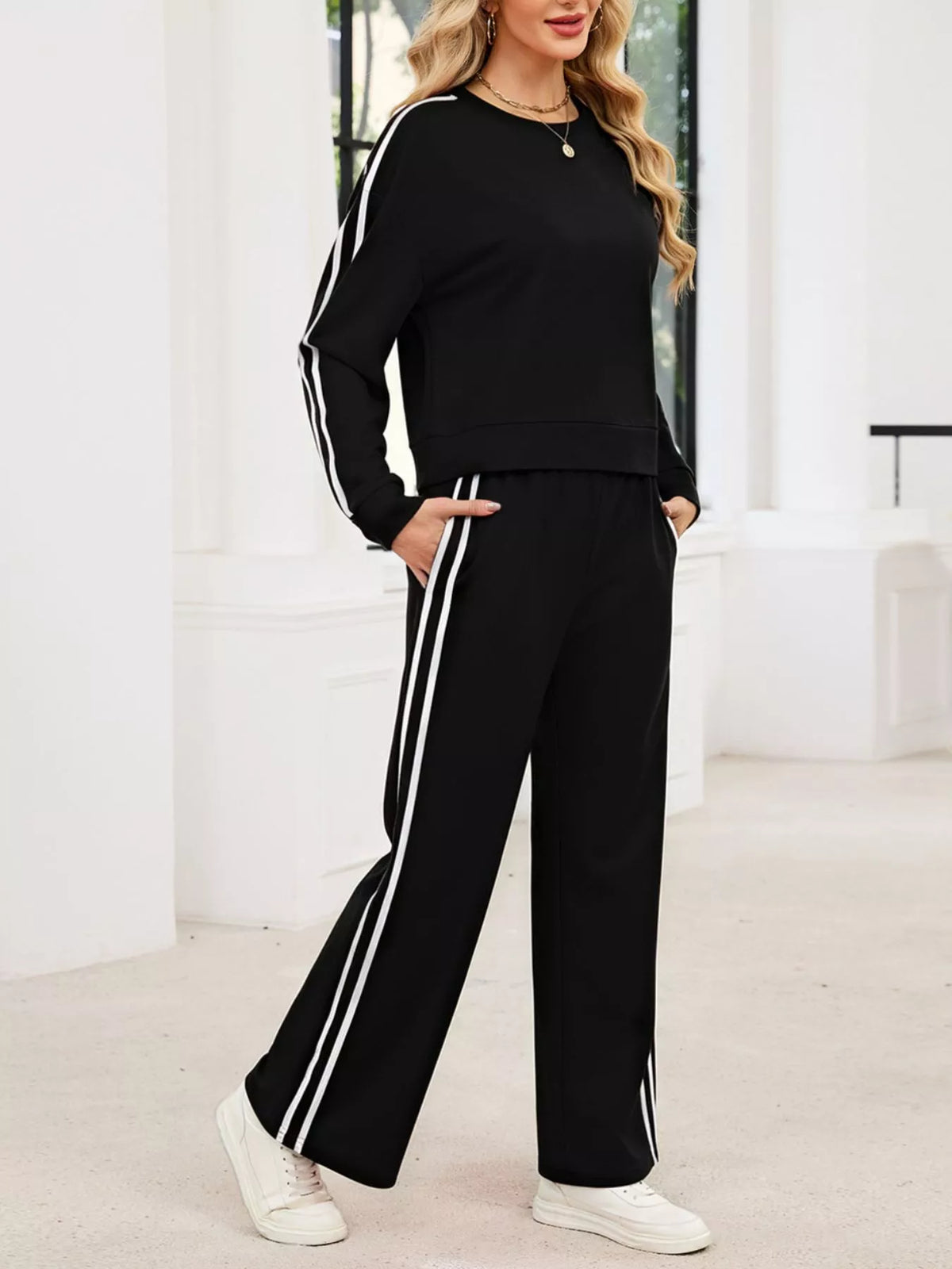 Striped Round Neck Sweatshirt and Pants Set