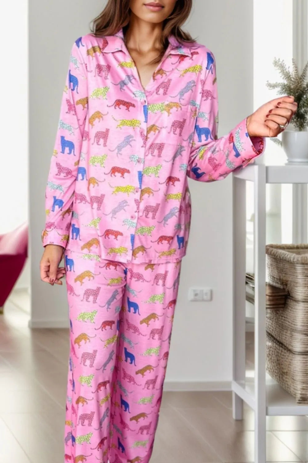 Pocketed Printed Top and Pants Lounge Set - Ladyez