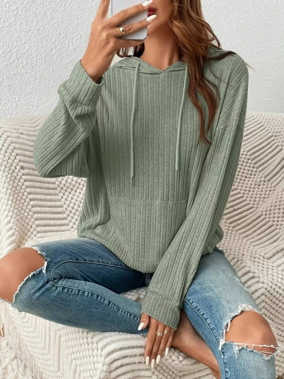 Casual Ribbed Knit Drawstring Hoodie