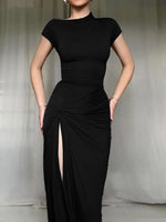 Ruched Slit Cap Sleeve Maxi Dress - Ladyez
