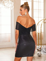 Backless Sequin Off Shoulder Short Sleeve Dress - Ladyez