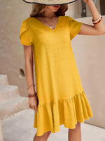 V-Neck Ruffle Hem Textured Mini Dress