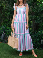 Striped Tiered Maxi Summer Dress with Bow Shoulder Ties - Ladyez