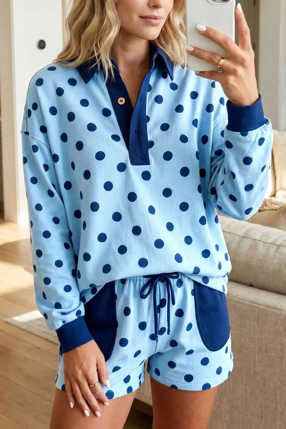 Polka Dot Drop Shoulder Polo Loose Pullover Patch Pocket Casual Shorts Set
