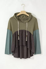 Color Block Waffle Knit Raw Hem Hoodie