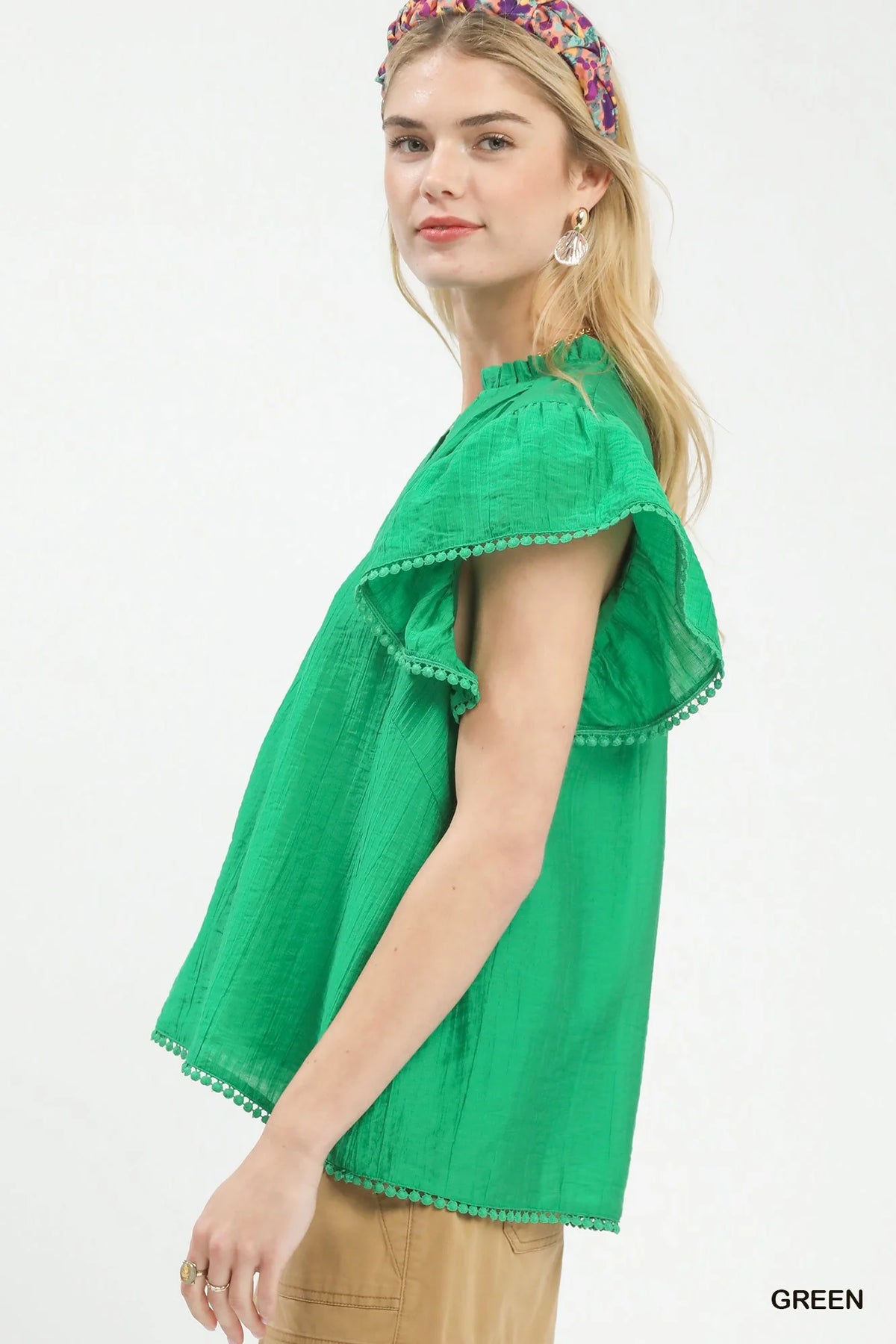 Umgee Flutter Sleeve Relaxed Top with Trim Detail