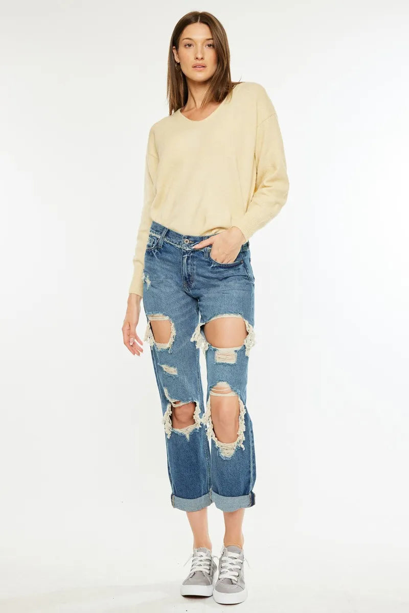 Kancan Distressed Mid Rise True Boyfriend Jeans - Ladyez
