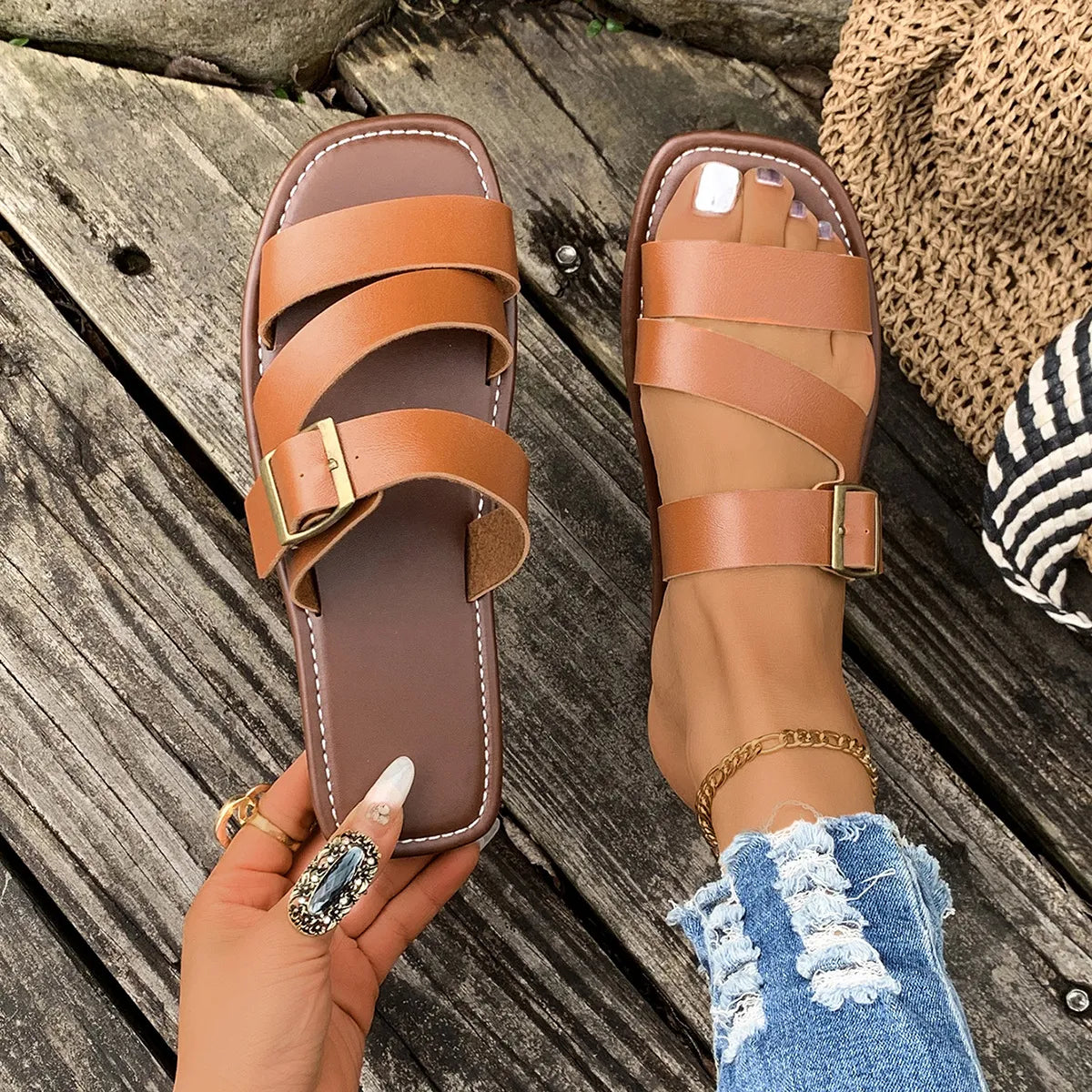Open Toe Buckle Flat Sandals
