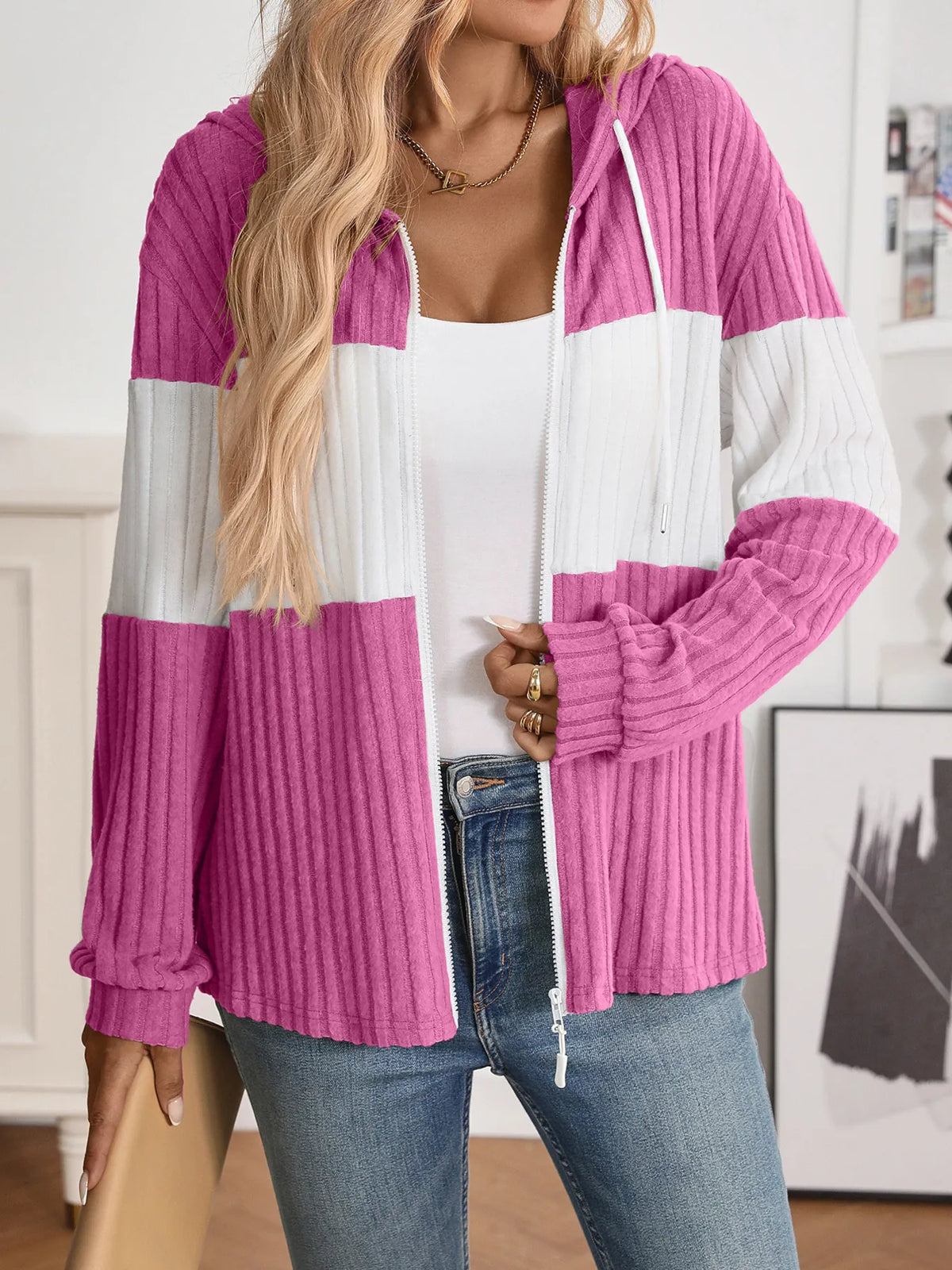 Drawstring Color Block Zip Up Outerwear