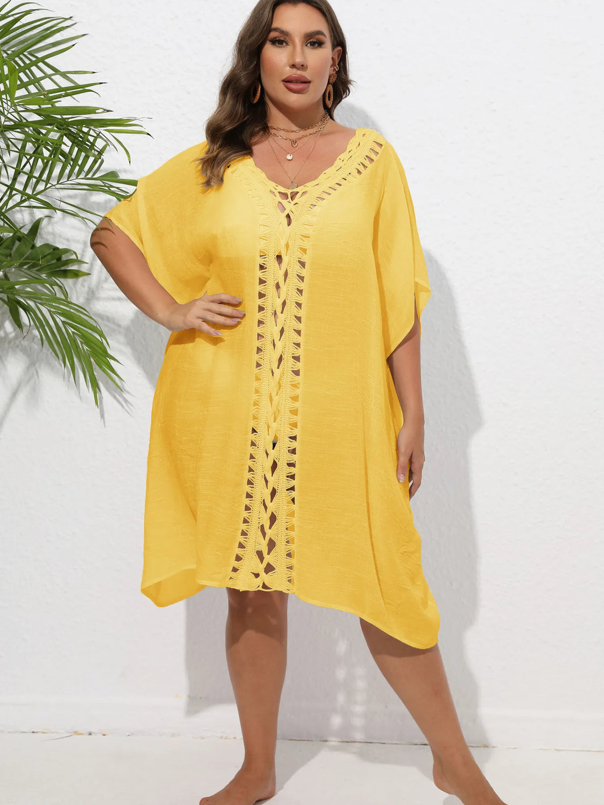 Crochet Trim V-Neck Beach Cover Up Dress - Ladyez