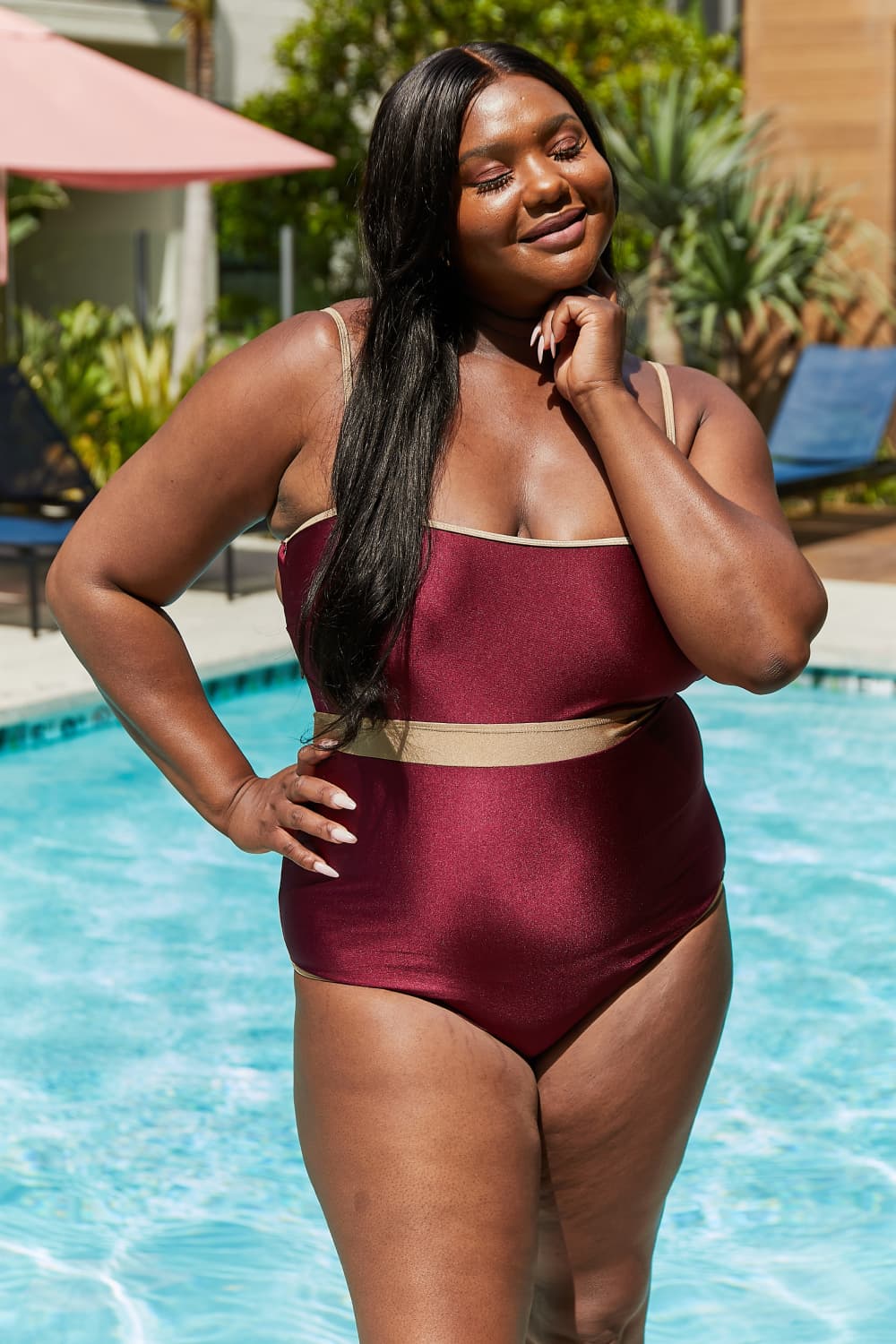 Marina West Swim Wave Break Contrast Trim One-Piece in Wine - Ladyez