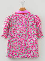 Floral Collared V Neck Short Puff Sleeve Blouse