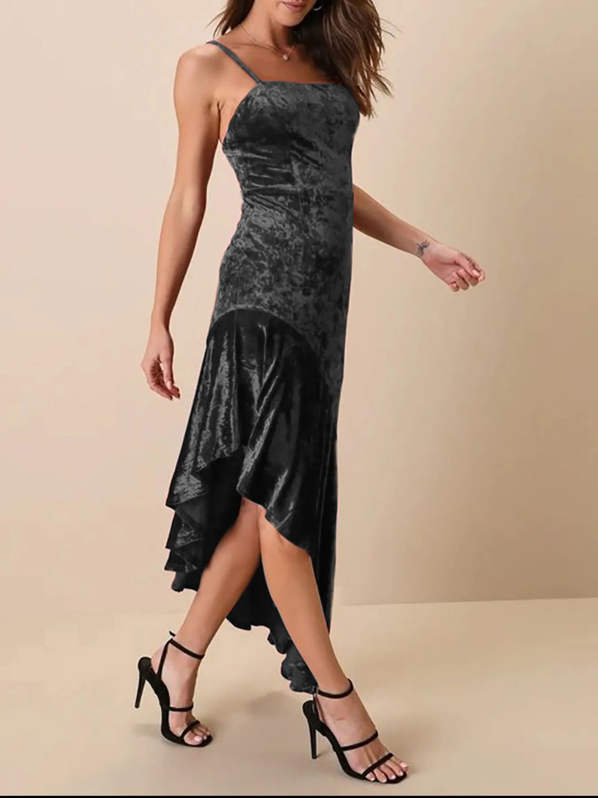 Asymmetrical Velvet Cami Dress with Ruffle Hem - Ladyez
