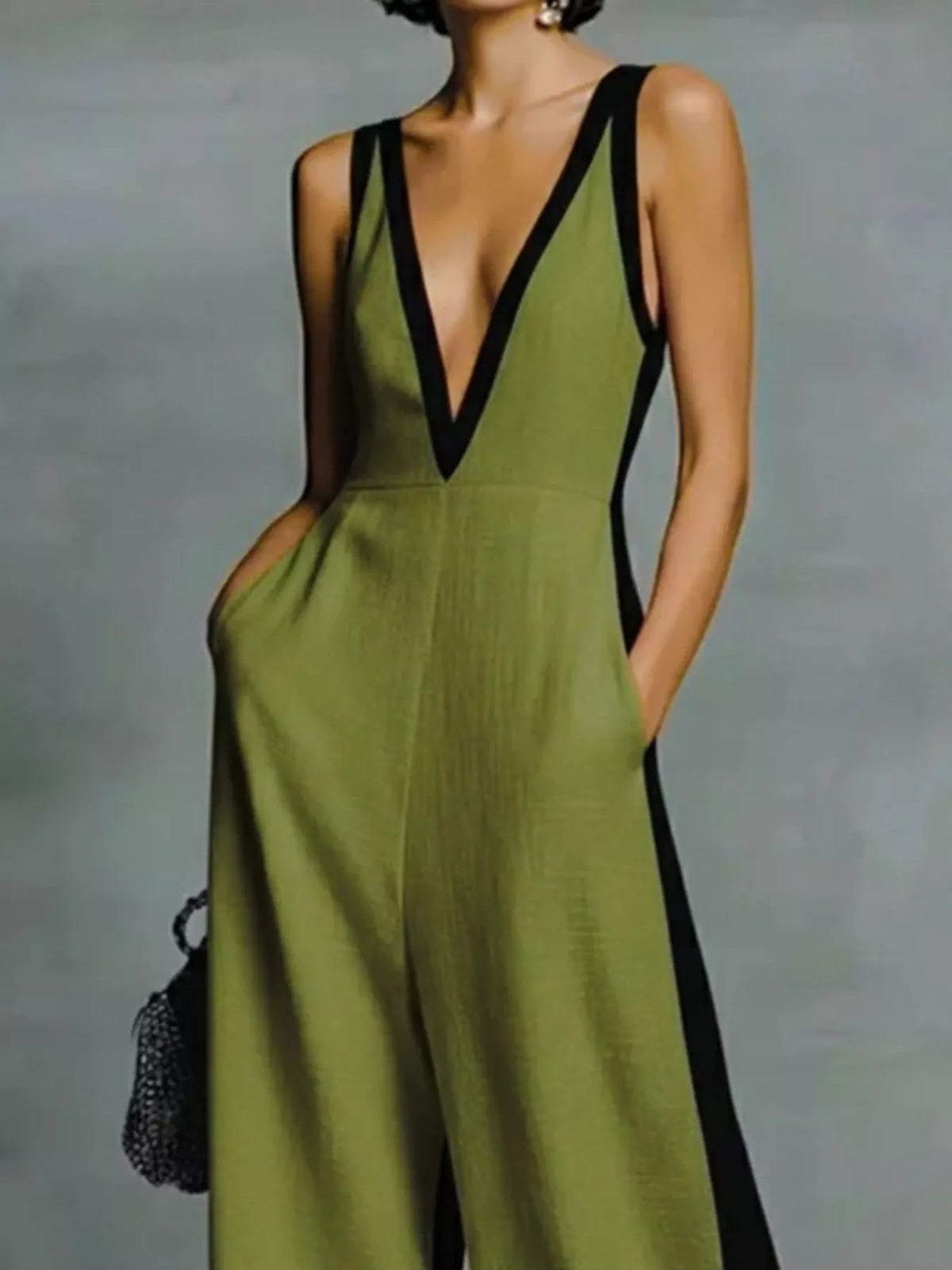 Deep V-Neck Wide-Leg Jumpsuit with Contrast Trim