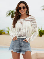 Fringe Trim Openwork Long Sleeve Cover-Up - Ladyez