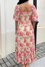Floral Print Ruffle Hem Flutter Sleeve Dress