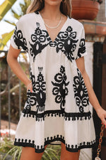 Printed V-Neck Short Sleeve Dress