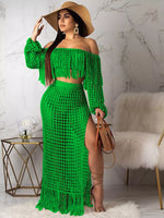 Full Size Crochet Off-Shoulder Fringe Top and Skirt Set Plus Size