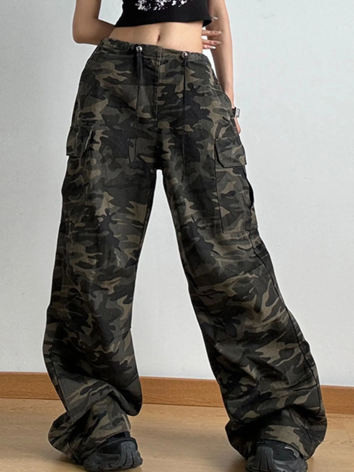 Drawstring Camouflage Cargo Wide Leg Jeans - Ladyez
