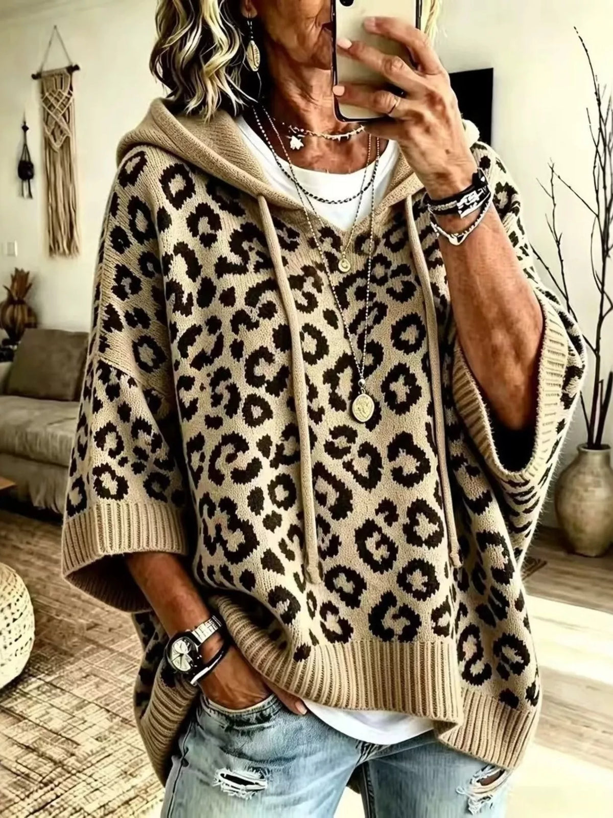Drawstring Leopard Hooded Sweater
