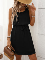 Waffle-Knit Drawstring Mini Tank Dress - Ladyez