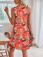 Tropical Leaf Print V-Neck Sleeveless Dress