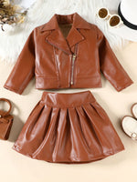 Children's Faux Leather Jacket & Pleated Skirt Set
