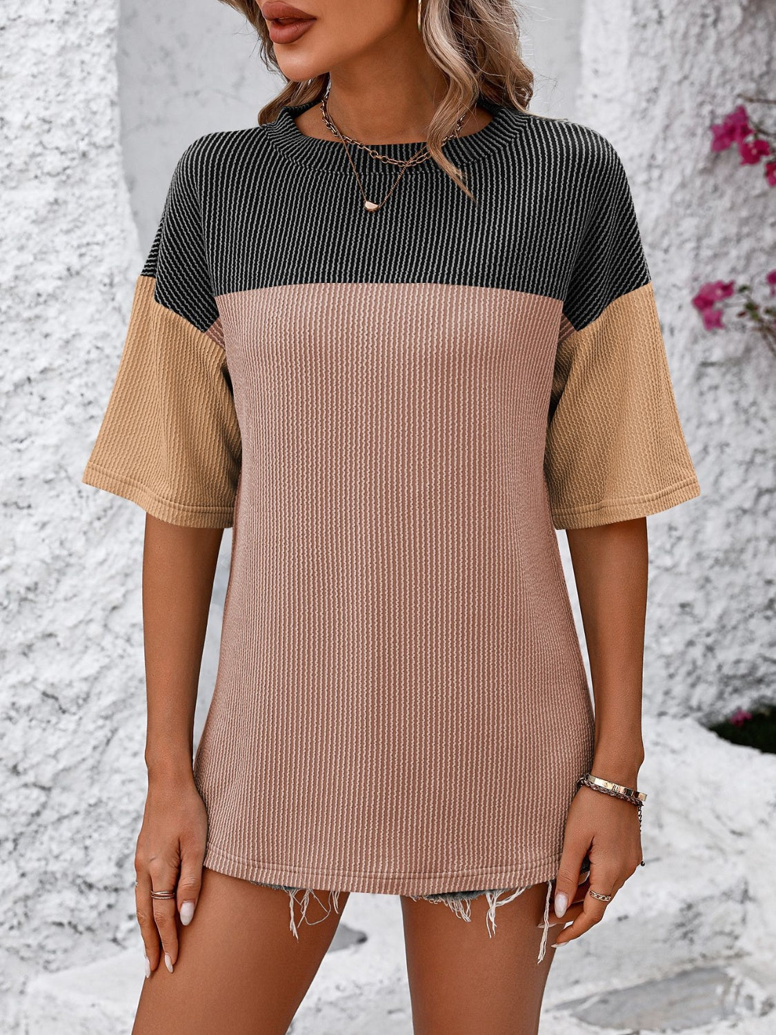 Mandy Color Block Round Neck Half Sleeve T-Shirt - Ladyez