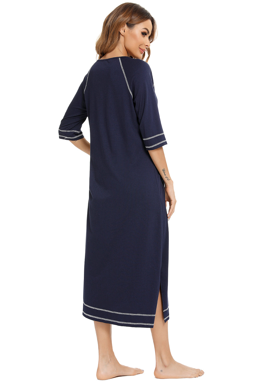 Zip Up Slit Round Neck Night Dress with Pockets - Ladyez