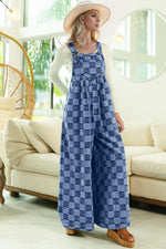 Double Take Checkered Sleeveless Wide Leg Denim Jumpsuit - Ladyez